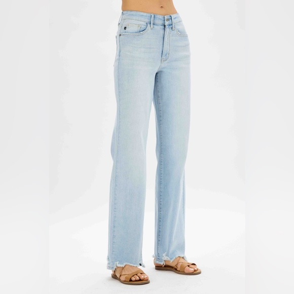 New judy blue high waist destroy hem straight leg jeans light wash JB82445REG LT - Picture 9 of 16
